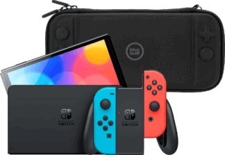 Nintendo Switch OLED Blauw/Rood + BlueBuilt Beschermhoes