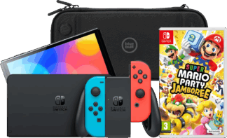 Nintendo Switch OLED Blauw/Rood + Mario Party Jamboree + BlueBuilt Beschermhoes