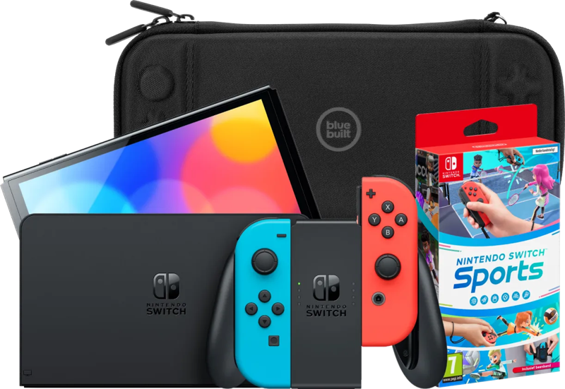 Nintendo Switch OLED Blauw/Rood + Nintendo Switch Sports + BlueBuilt Beschermhoes