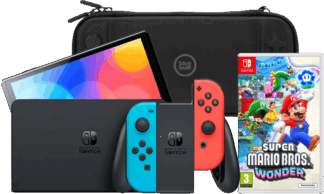 Nintendo Switch OLED Blauw/Rood + Super Mario Bros. Wonder + BlueBuilt Beschermhoes