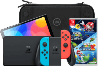 Nintendo Switch OLED Blauw/Rood + Super Mario Galaxy 1+2 + BlueBuilt Beschermhoes