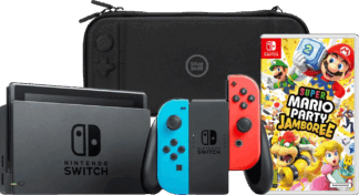 Nintendo Switch Rood/Blauw + Mario Party Jamboree + BlueBuilt Beschermhoes