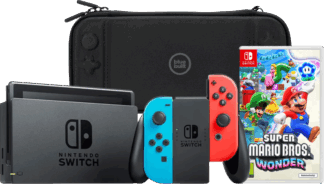Nintendo Switch Rood/Blauw + Super Mario Bros. Wonder + BlueBuilt Beschermhoes