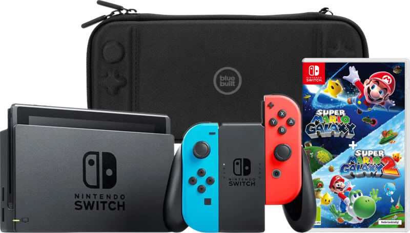 Nintendo Switch Rood/Blauw + Super Mario Galaxy 1+2 + BlueBuilt Beschermhoes