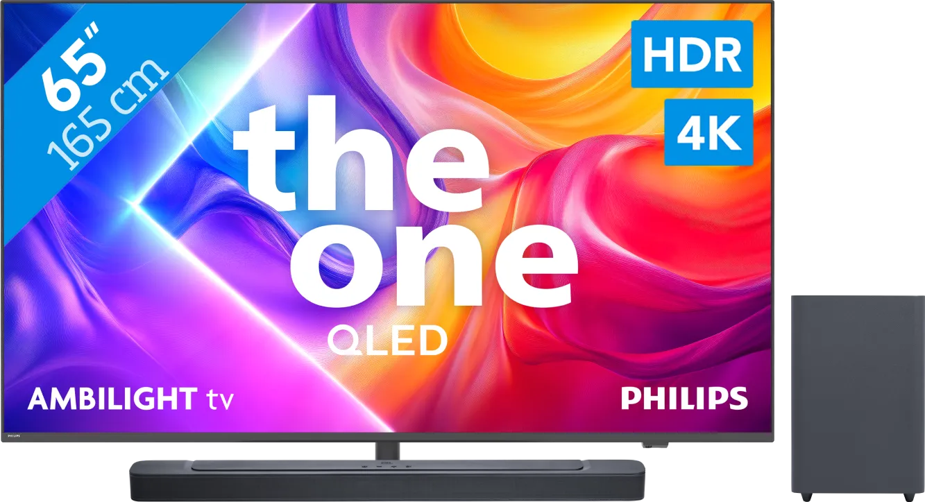 Philips Ambilight 65" PUS9000 QLED 4K (2025) + JBL Bar 2.1 Deep Bass M2 Zwart