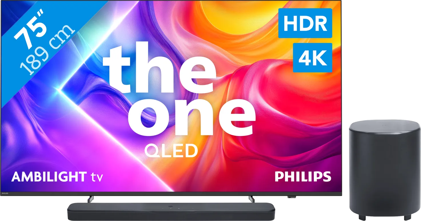 Philips Ambilight 75" PUS9000 QLED 4K (2025) + JBL Bar 500 M2 Zwart