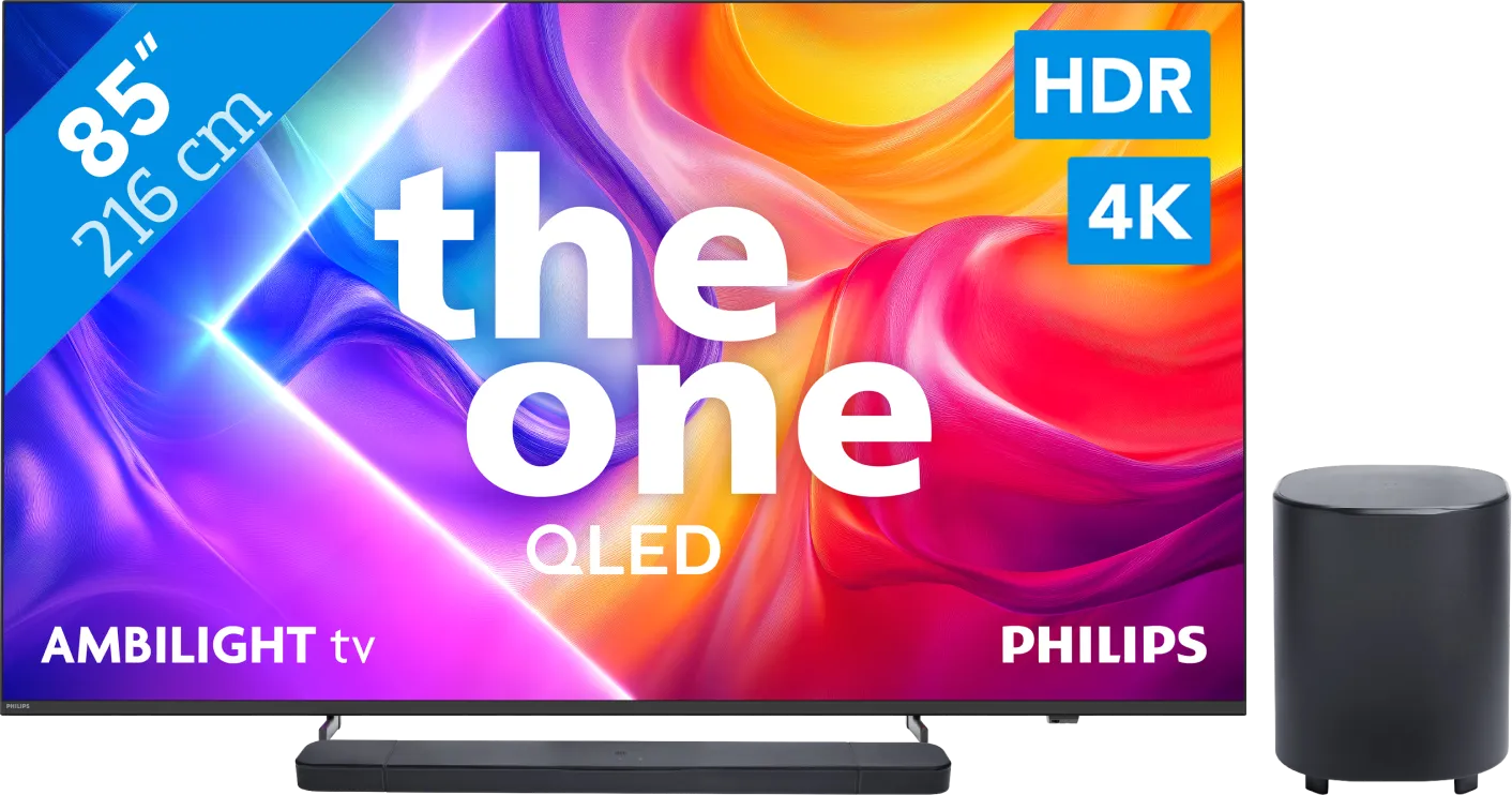 Philips Ambilight 85" PUS9000 QLED 4K (2025) + JBL Bar 800 M2 Zwart