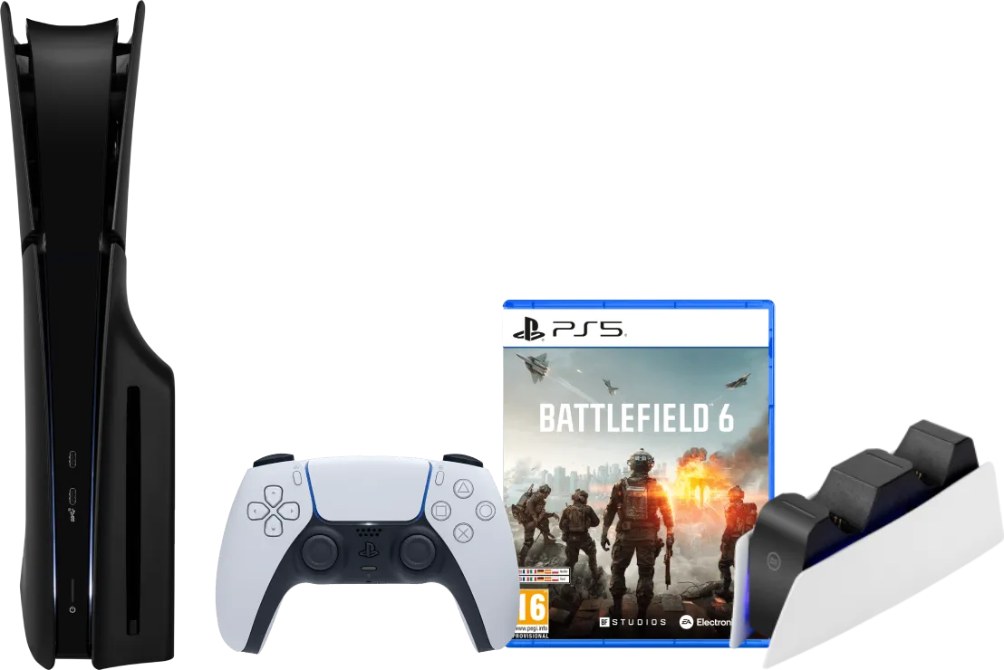 PlayStation 5 Slim Disc Edition + Battlefield 6 + Covers Zwart + Oplaadstation